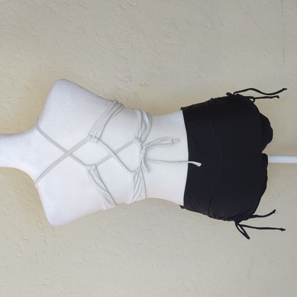 White Criss-Cross Halter Top and Black Adjustable Boy Shorts Bottom Bikini Set - Picture 3 of 9